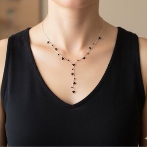 Delicate Dainty Y Lariat Necklace with Black Bead Accents
